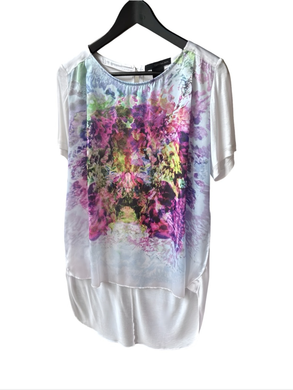 Calvin Klein Abstract Watercolor Blue Multi High-Low Blouse S - Picture 6 of 12